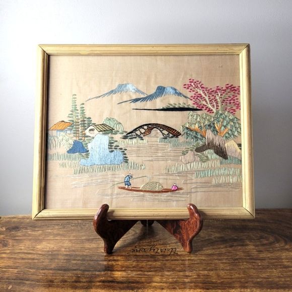 Antique Japanese Silk-Craft Embroidered Art Framed Picture - Picture 1 of 7